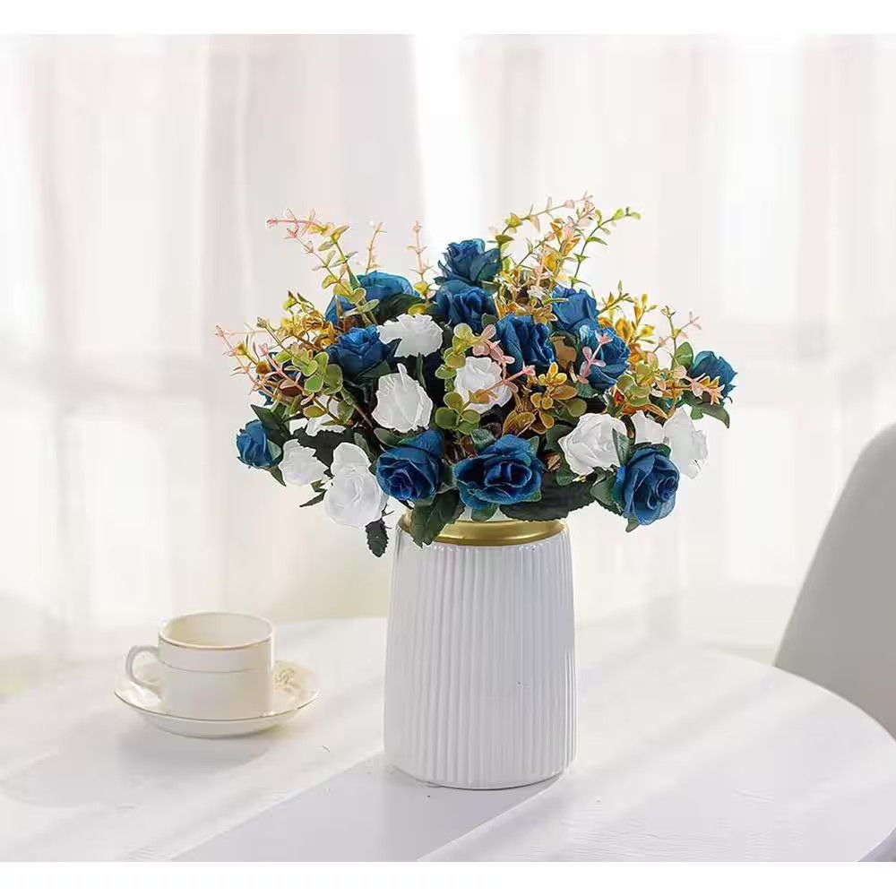 13 In. Dark Blue Indoor Artificial Rose Silk Flowers for Tables Decorations, 2-P