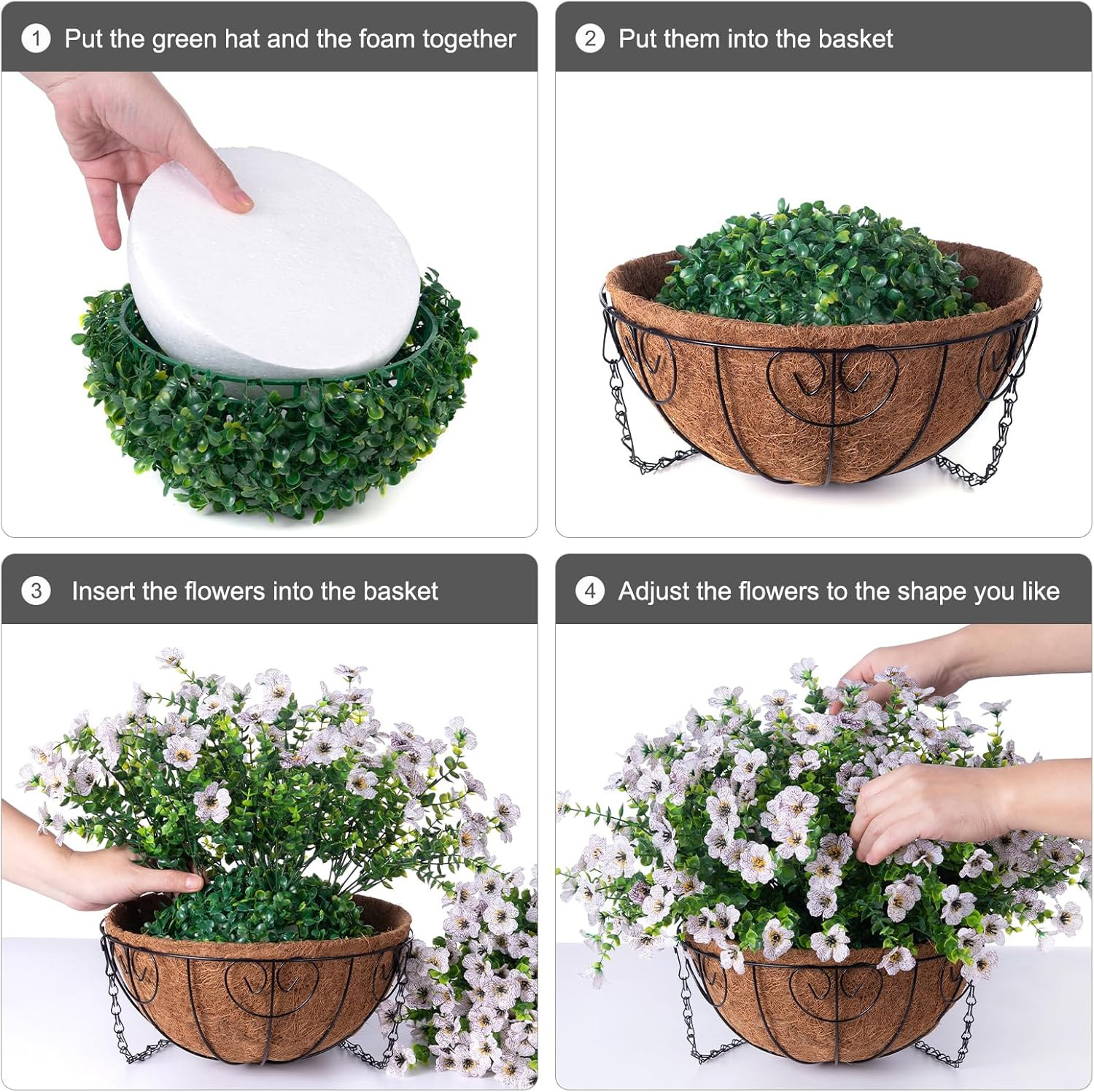 Artificial Fake Hanging White Plants Flowers Basket for Outdoor Fall Winter, Fau