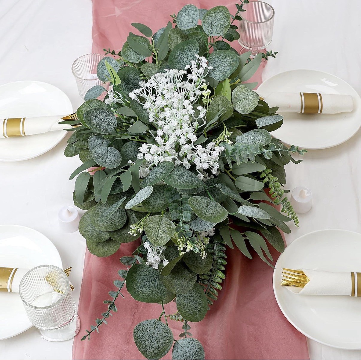 Artificial Eucalyptus & Fern Greenery Stems, Green/White, 17in, Assorted