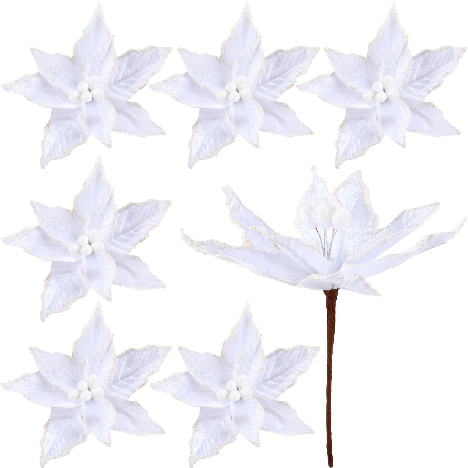 6 PCS White Christmas Poinsettia Flowers Artificial Large Picks Faux Frost Tree