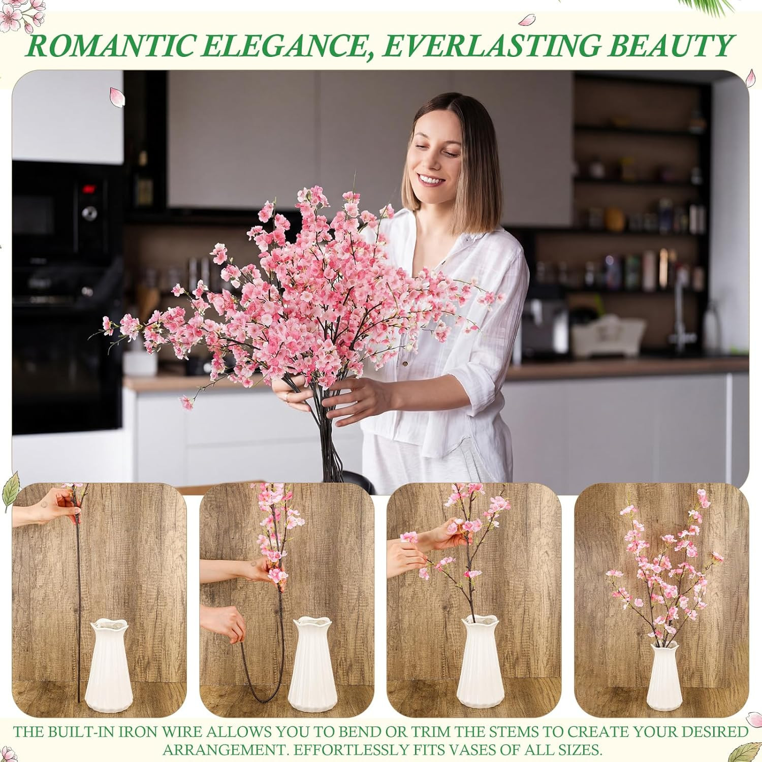 18 Pcs Pink Artificial Cherry Blossom Branches for Home Wedding Decor