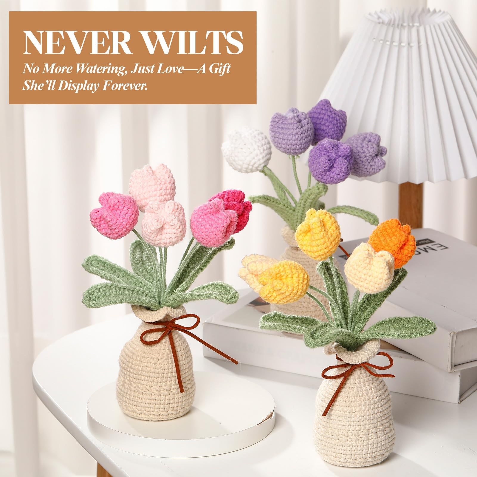 Crochet Knitting Tulip Bouquets Vase 7.1 Inch Yellow Artificial Flower Decor