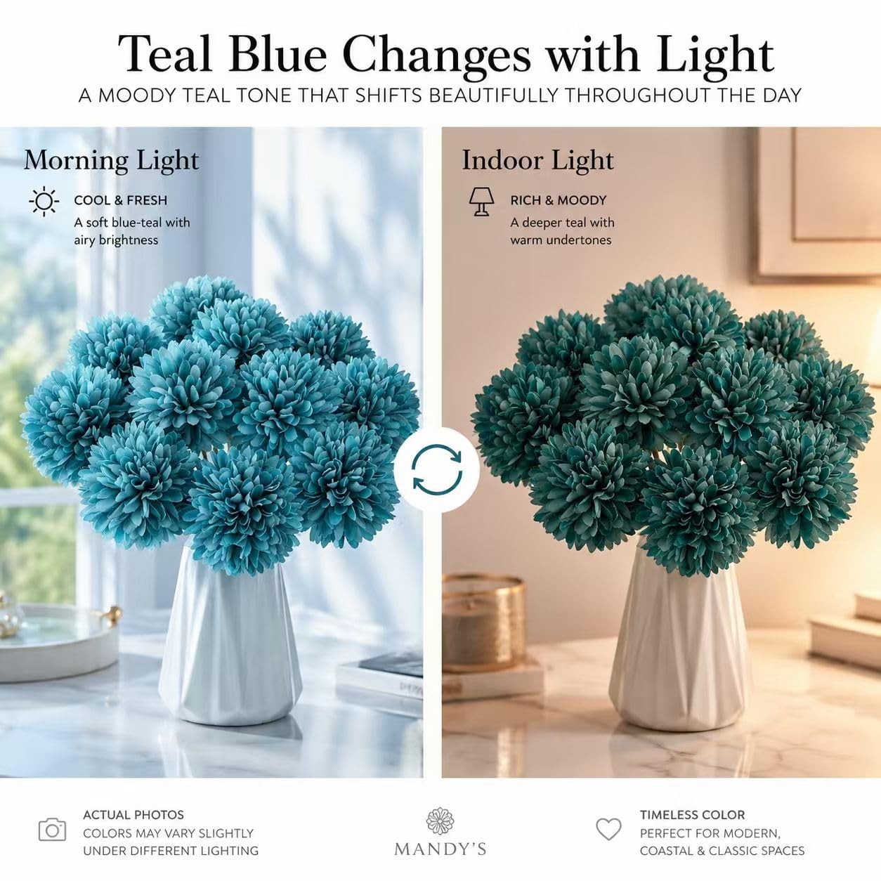 Teal Chrysanthemum Artificial Mums Flowers Home Centerpiece Silk Decor 12 PCS