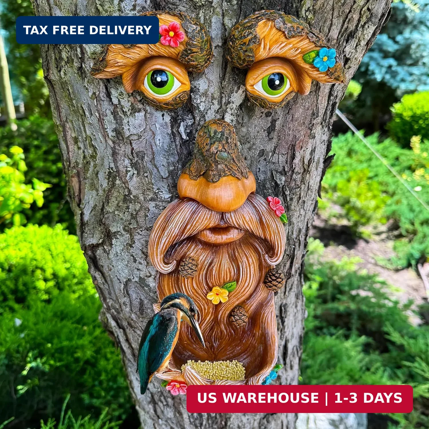 Tree Face Decor with Flowers Outdoor Old Man Face Garden Hugger Yard Statue