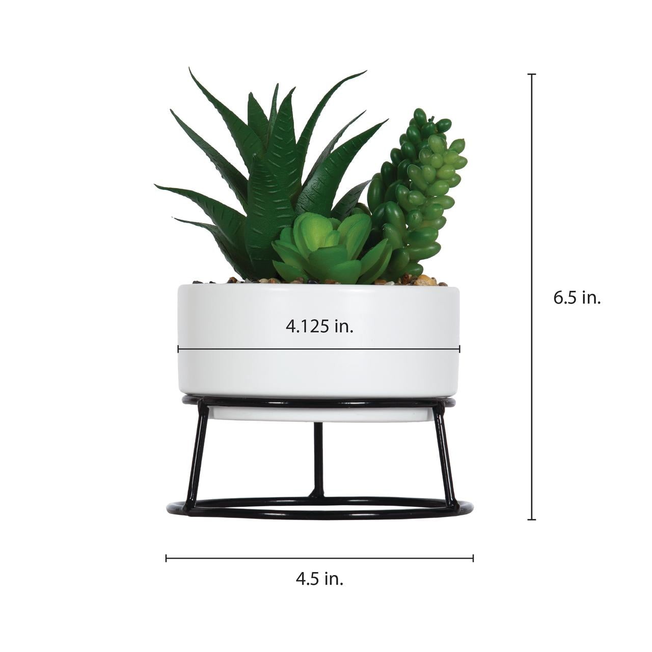 6.5″ Artificial Mixed Succulents in White Ceramic Planter with Black Metal Stand