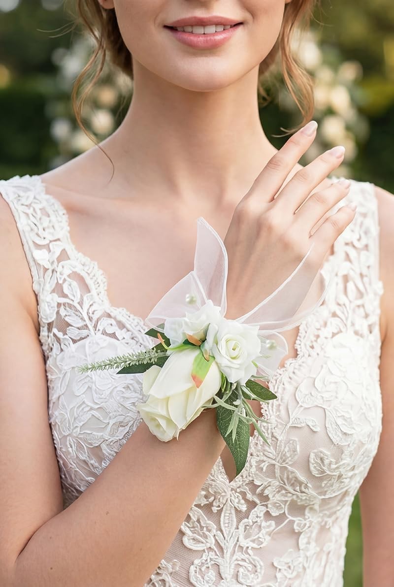 White Corsage And Boutonniere Set Wedding Prom Artificial Rose Flower 2 PC