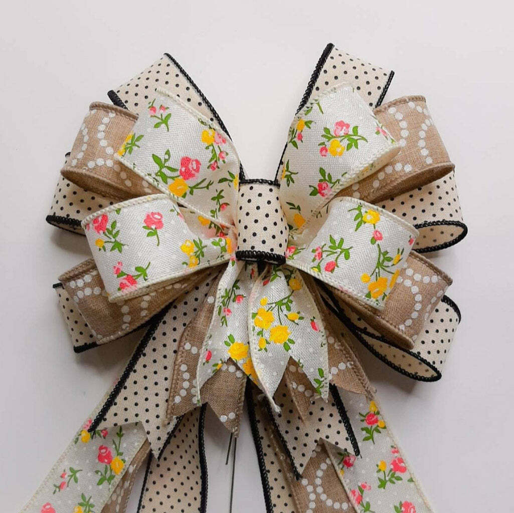 Spring Bow, Beige, Iridescent Ring Print, White Floral Print