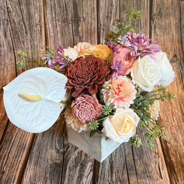Sola Wood Silk Floral Centerpiece Rustic Wooden Box Arrangement Home Decor Gift