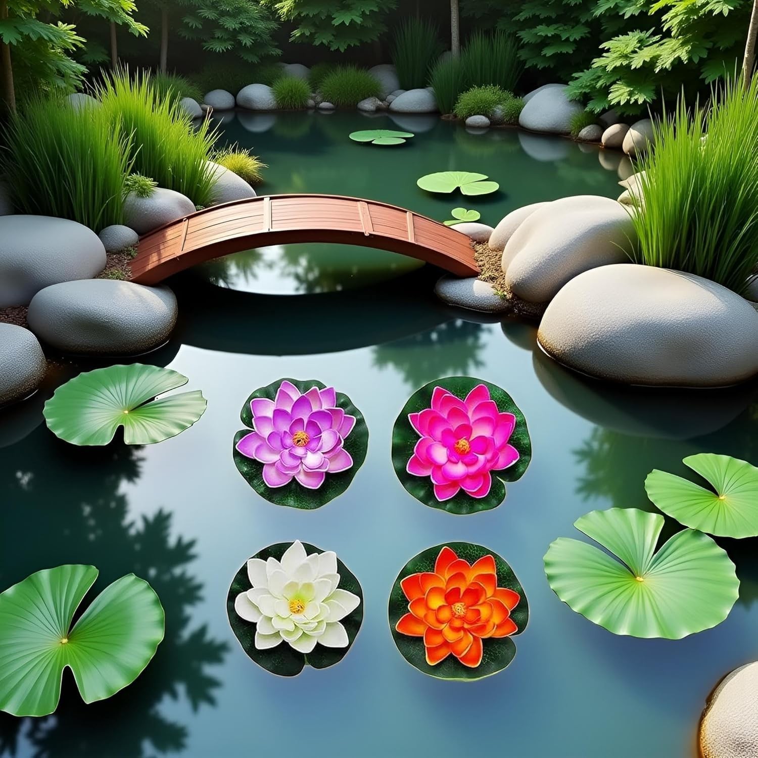 4Pcs Artificial Flowers Water Lily Foam Lotus Flower Pond Decor for Pond Pati…