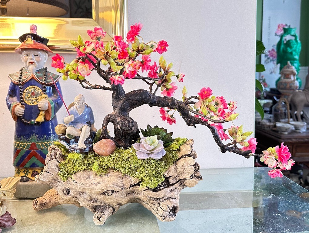 Bonsai Planter Artificial Bonsai Cherry Blossom Tree With Chinese Mud Man Realis