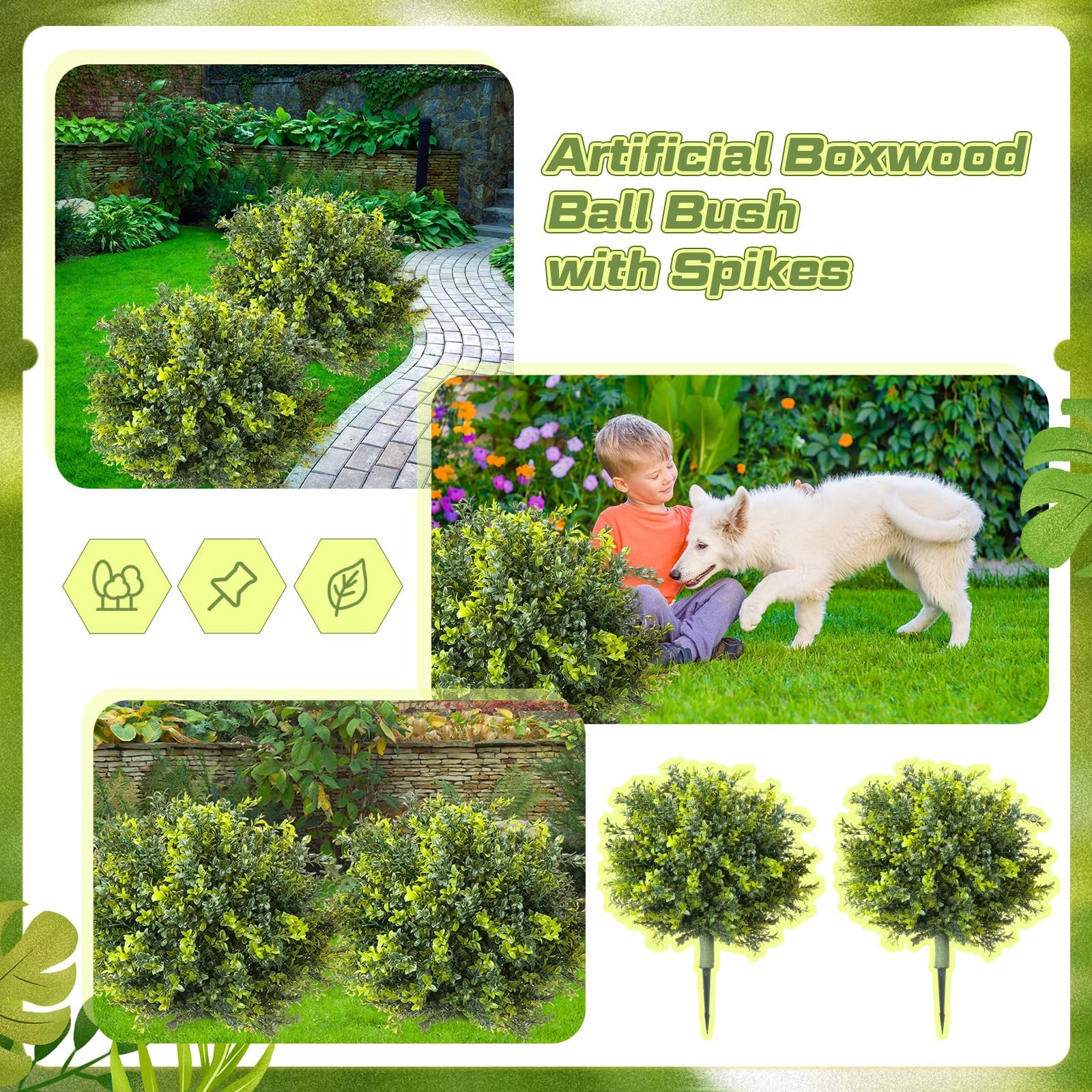 2 Pack 24″ Artificial Boxwood Topiary Ball Trees with Ground Spikes, UV Resis…