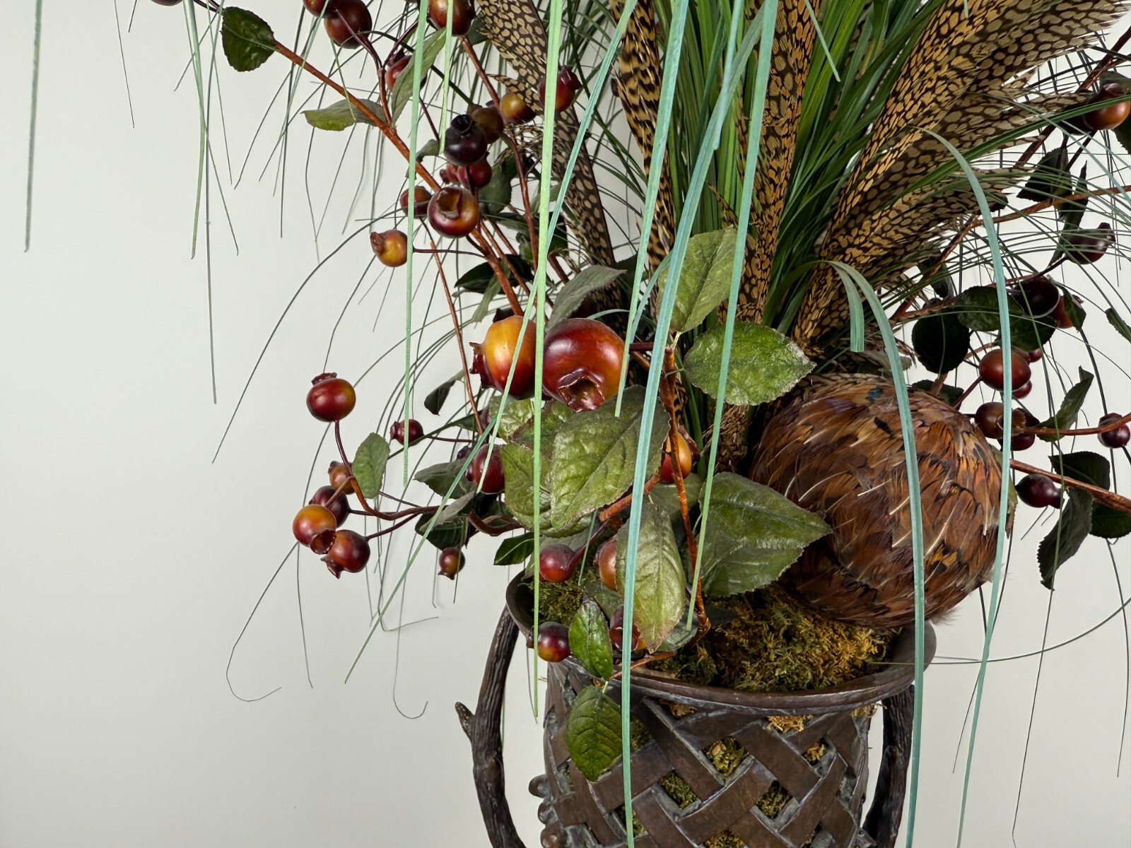Rustic Stag Head Urn Faux Floral Arrangement Pheasant Feather Lodge Centerpiece