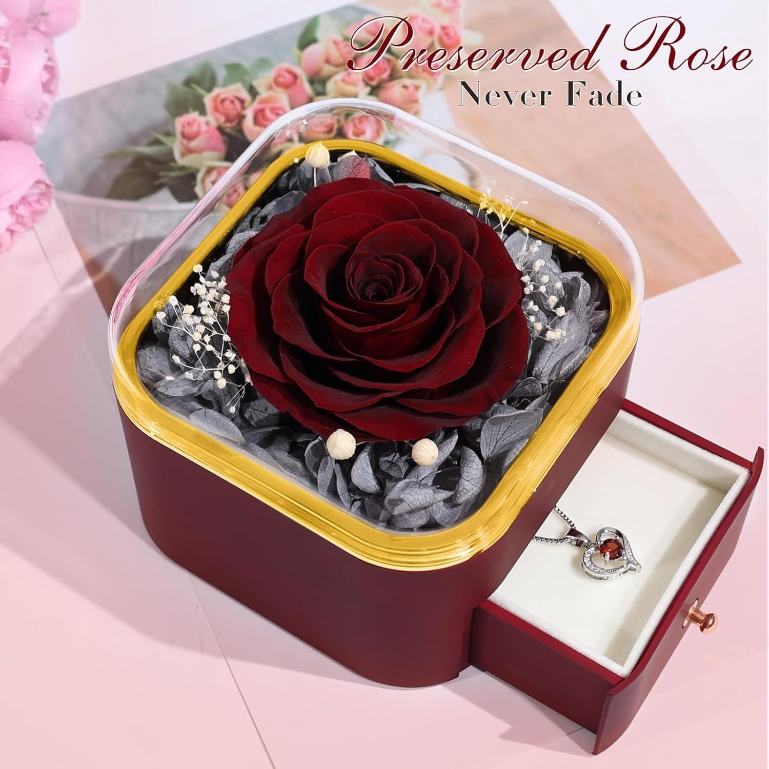 Preserved Real Rose and Heart Pendant Necklace – Unique Gifts for Any Occasion