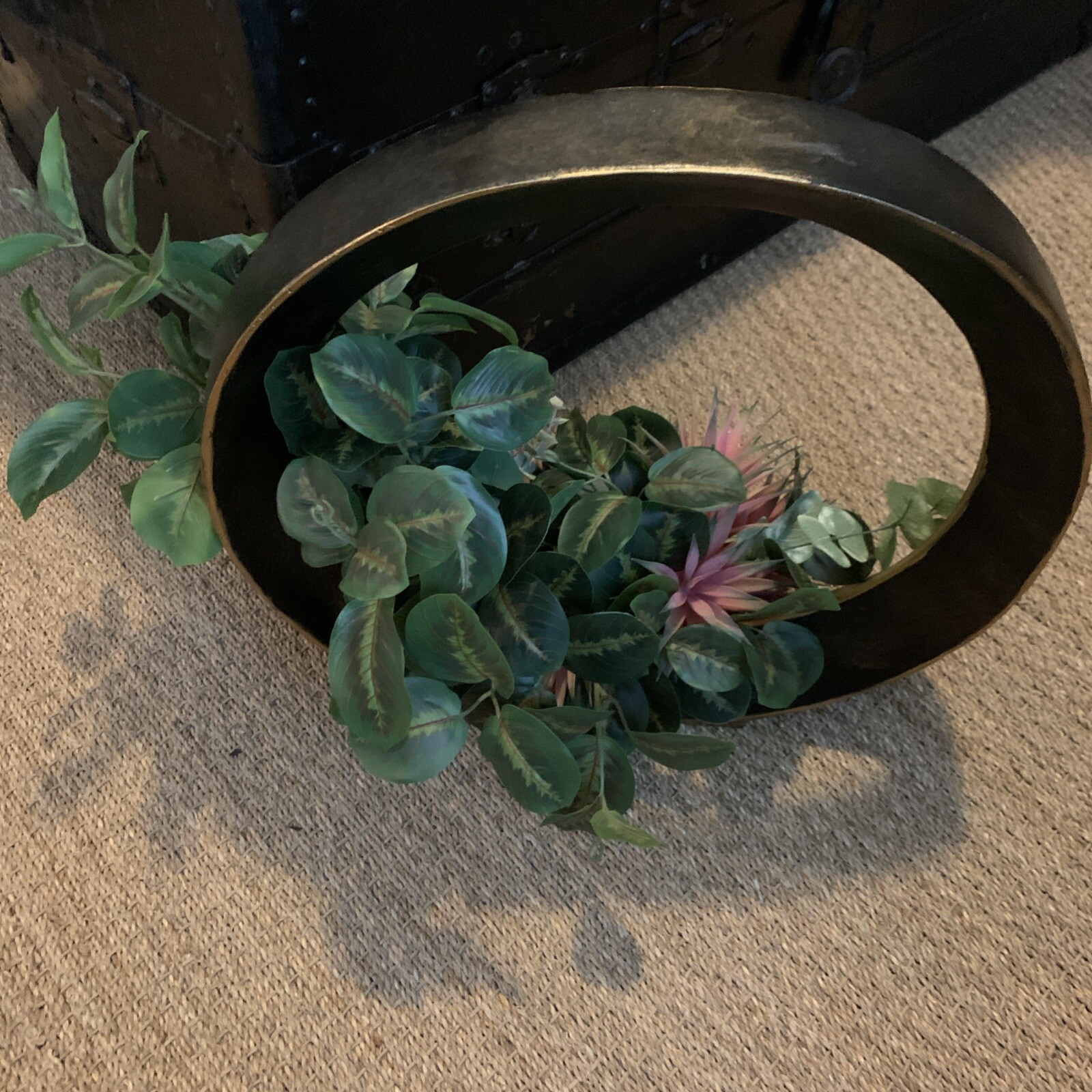 Unique Handcrafted Table Top Faux Floral Arrangement In Circular Decor Base