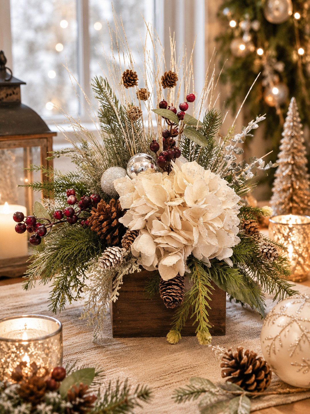 Cream Hydrangea Christmas Arrangement, Rustic Farmhouse Evergreen Decor