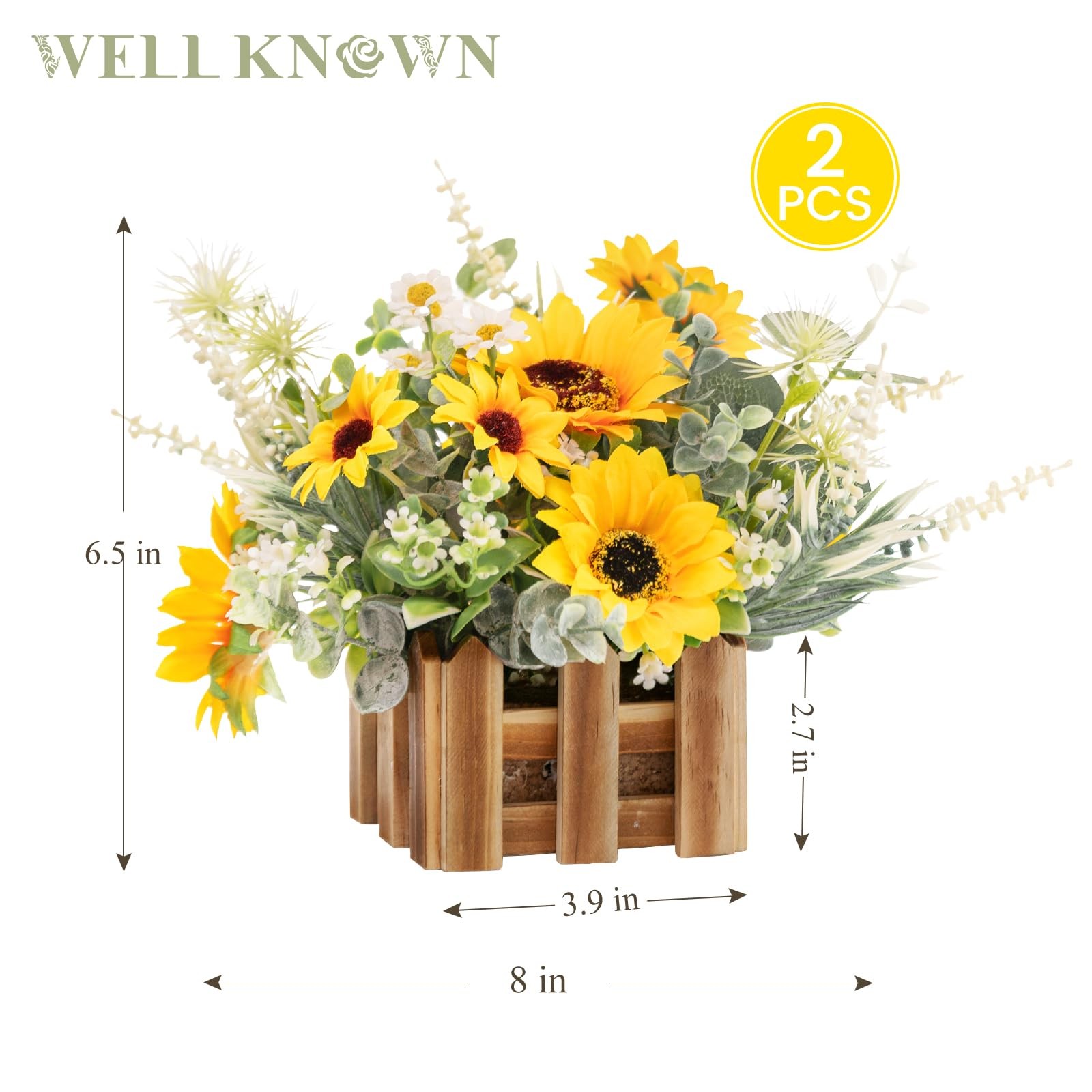 2 PCS Artificial Sunflower Plants Wooden Baskets Faux Flowers Arrangement