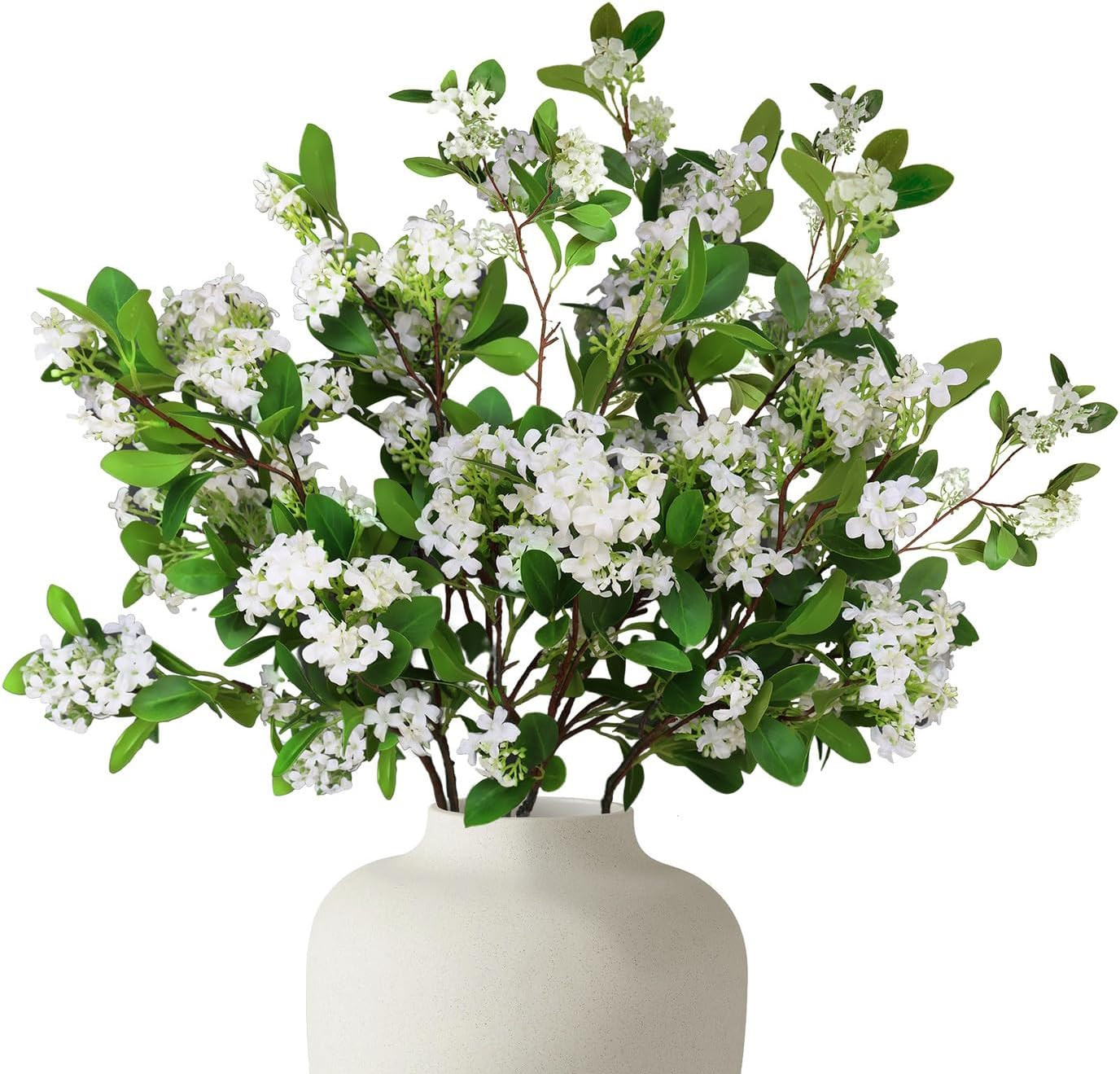 8Pcs Faux Greenery Stems with White Flowers for Home, Wedding, Office Décor