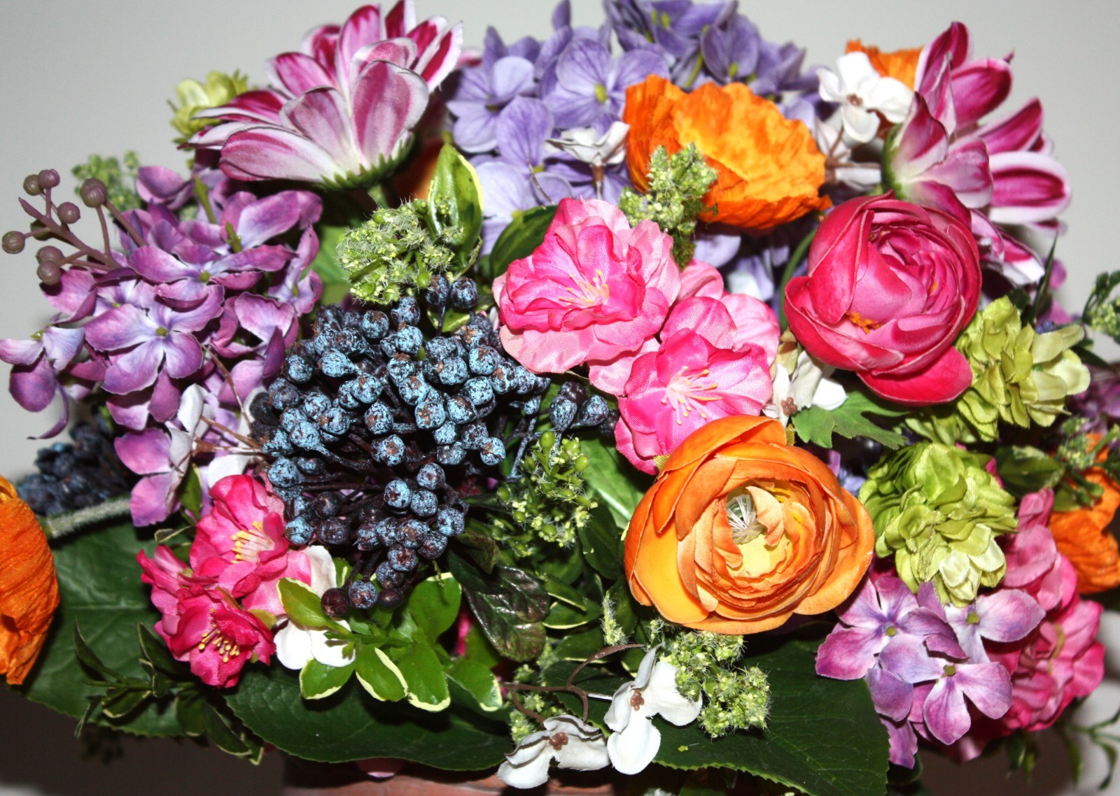 Faux Floral Arrangement In Mossed Terracotta Planter With Mackenzie Childs Bow!