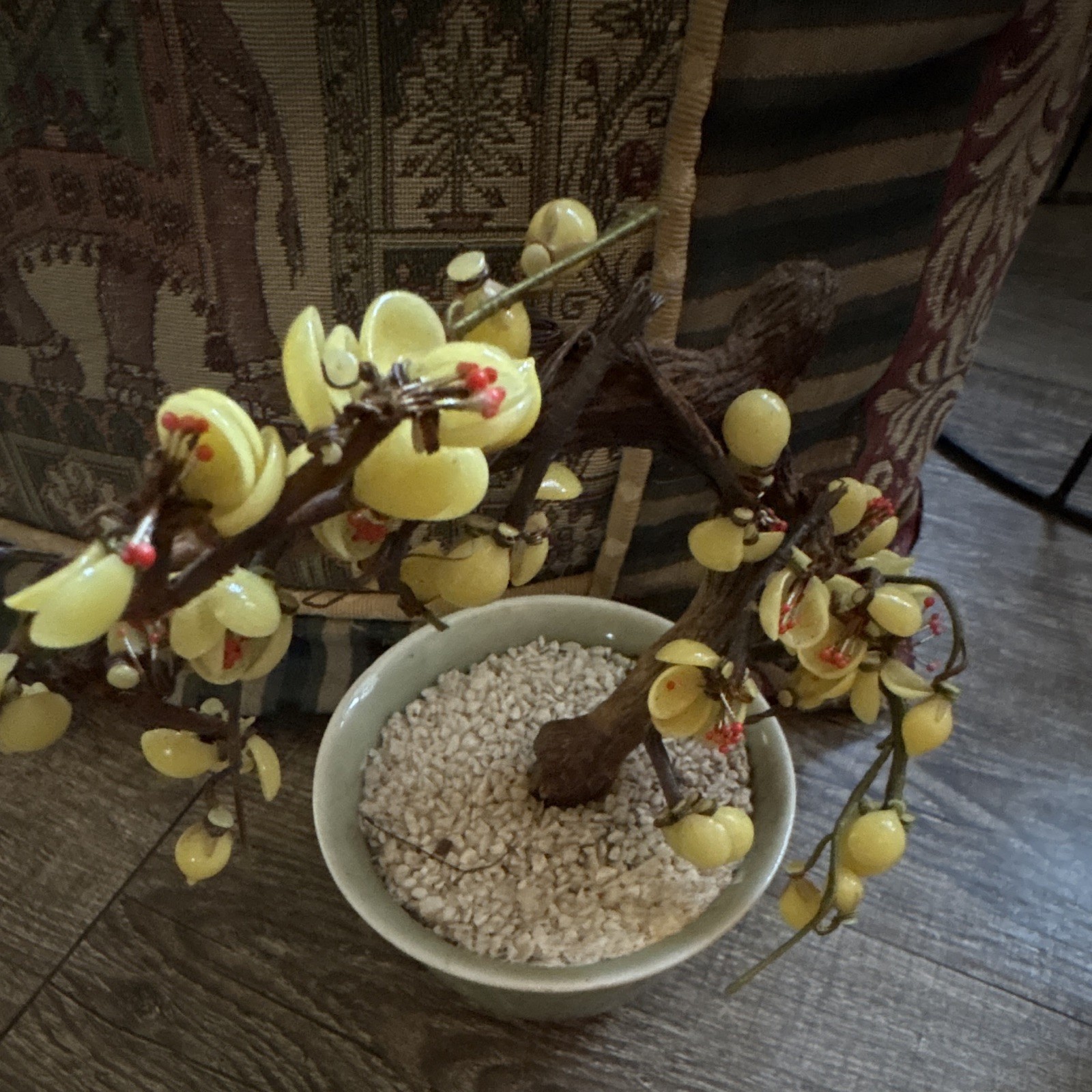 Artificial Yellow Blossom Branch Floral Arrangement & Centerpiece in Ceramic Pot