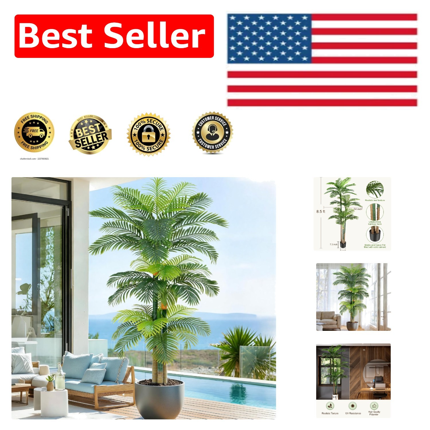 Elegant 8.5ft Faux Golden Cane Palm Tree in Pot – Low Maintenance Green Elegance