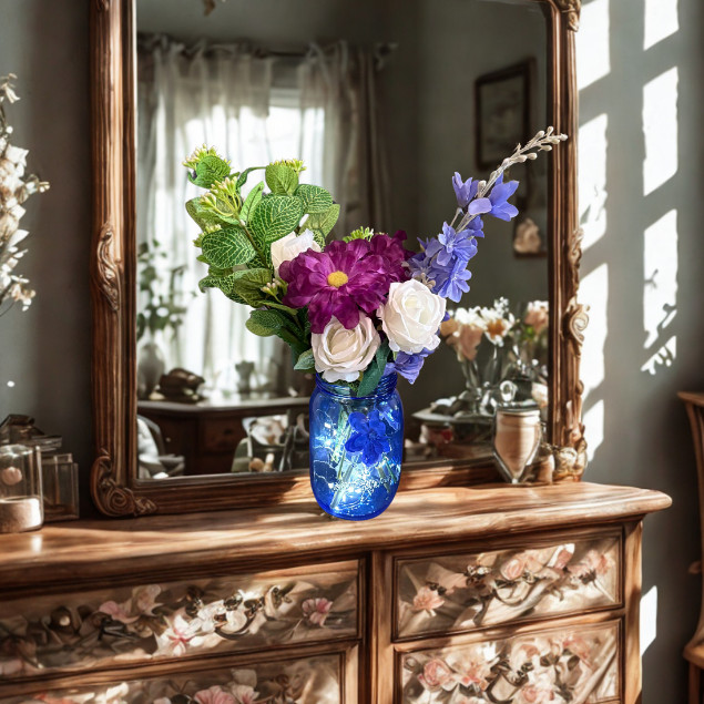 Purple White Rose Faux Floral Arrangement Blue Mason Jar LED Lights Home Decor