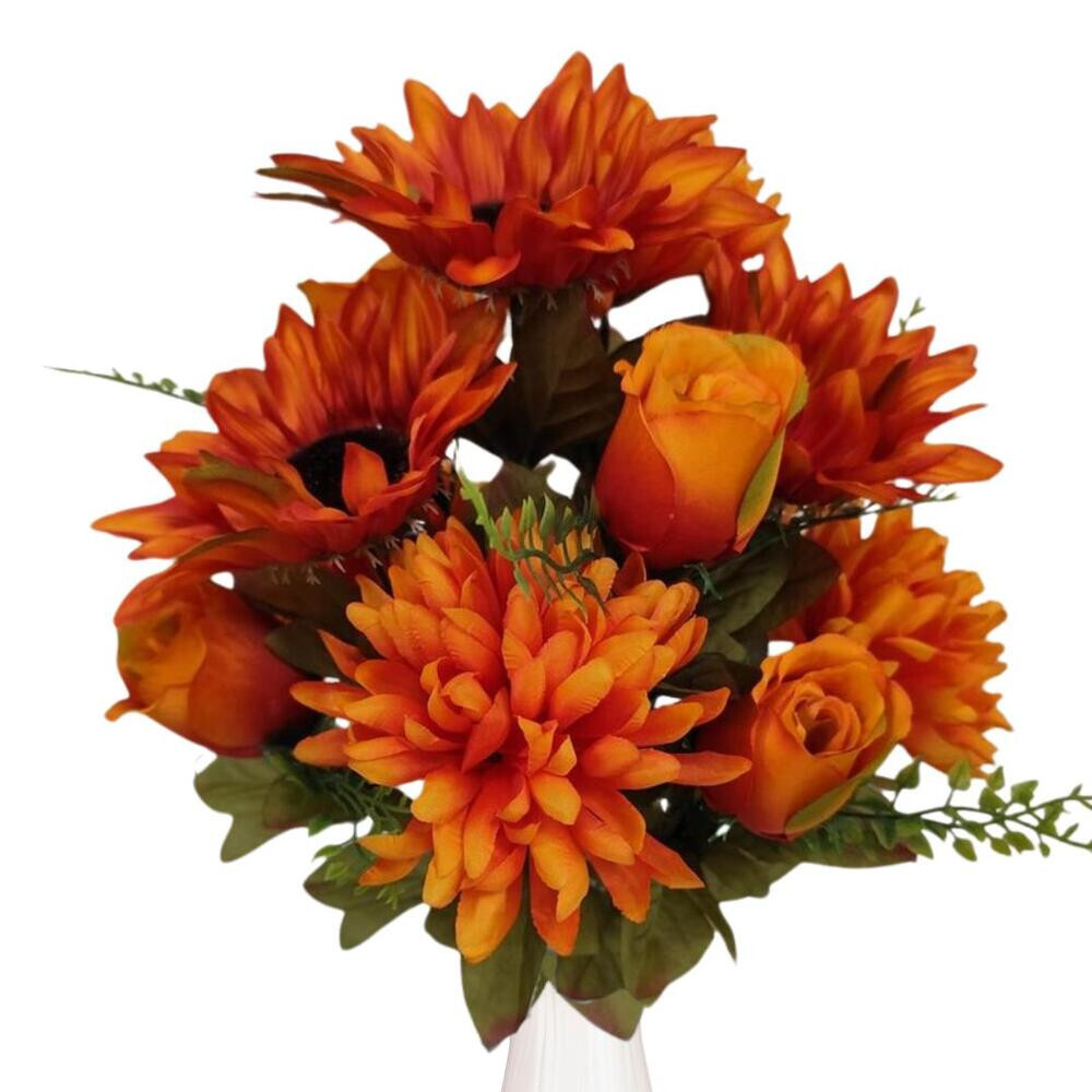 16″ Orange Artificial Mixed Mum, Sunflower & Rose Floral Bush