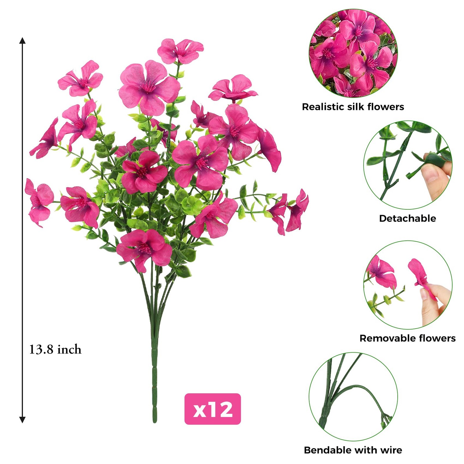 12 Pcs Artificial Silk Geranium Flowers for Outdoors, Fuchsia