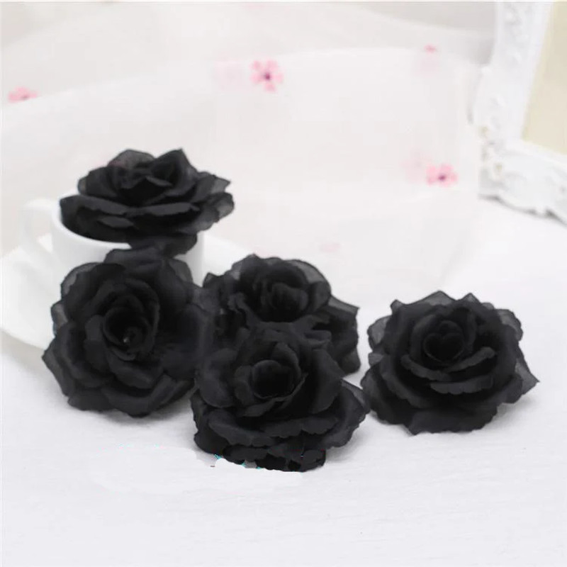 10Pcs Black Silk Rose Flower Heads for Wedding Decor – 8Cm