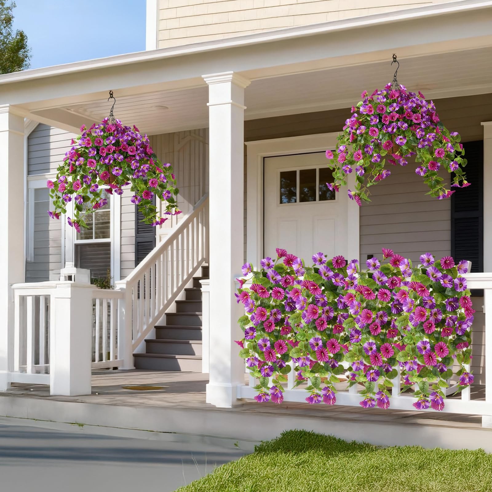 Homsunny Artificial Hanging Fake Flowers with Basket Plants for Outdoor Decor…