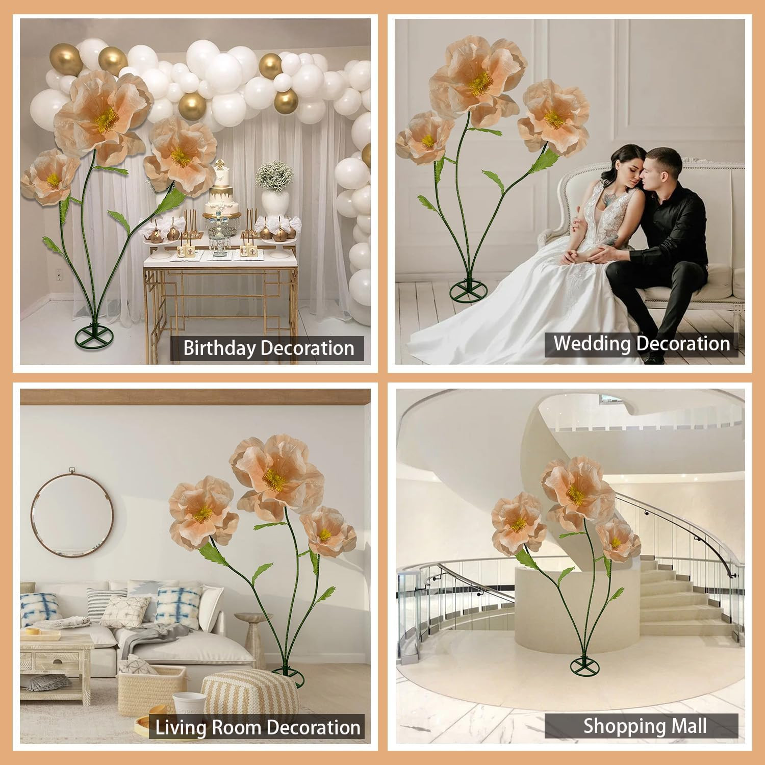 Large Giant Artificial Flowers – 3Pcs Light Orange Decor for Events & Parties