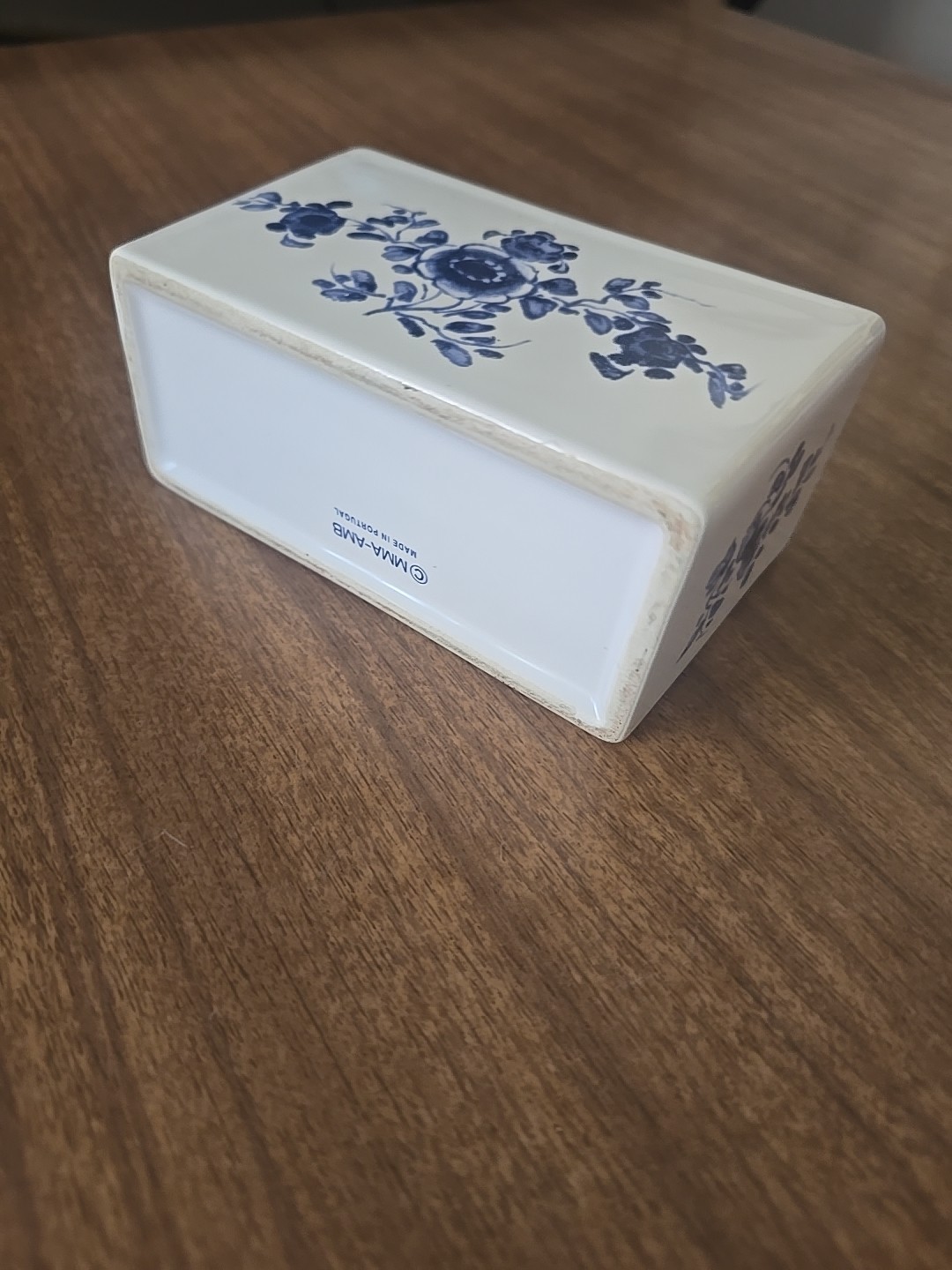 Hand Painted Ceramic Blue and White Flower Frog Vase, 1992 Made in Portugal