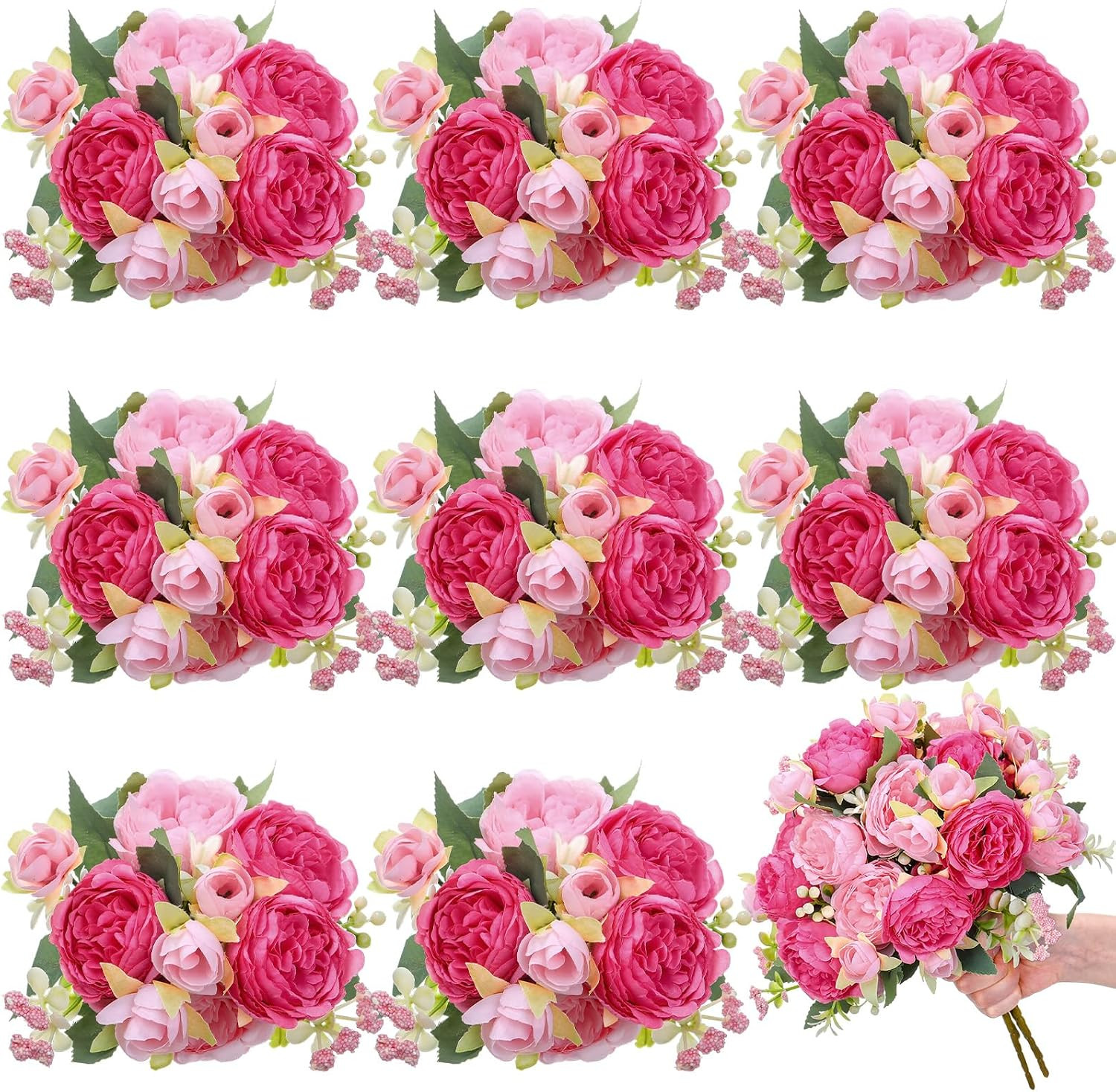 Boho Pink Peonies – 8 Bundles Faux Flowers for Wedding & Home Decor