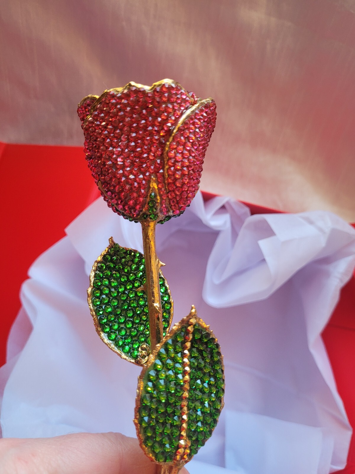 24K Gold Red Forever Rose Austrian Swarovski Crystals 11” Handmade in USA