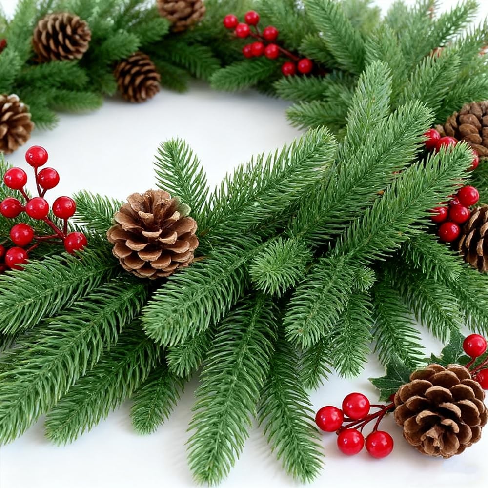 RioBeryo 50 Pcs 10 Inches Artificial Pine Branches Greenery Plants Pine Needl…