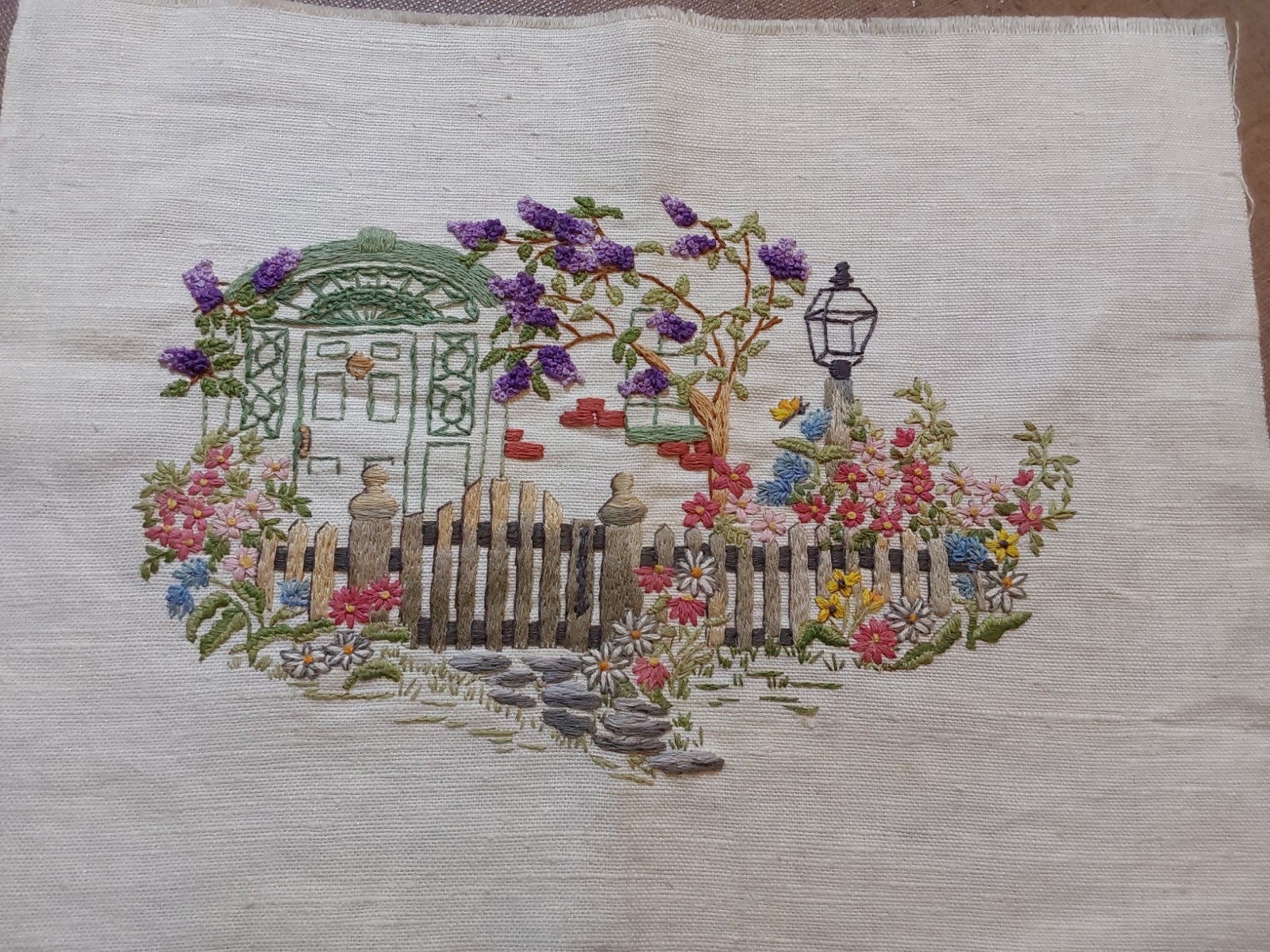 EMBROIDERED SCENE ●COTTAGE ENTRY ●Trees FENCE Florals ~15″ X 11.25″ HAND CREATED