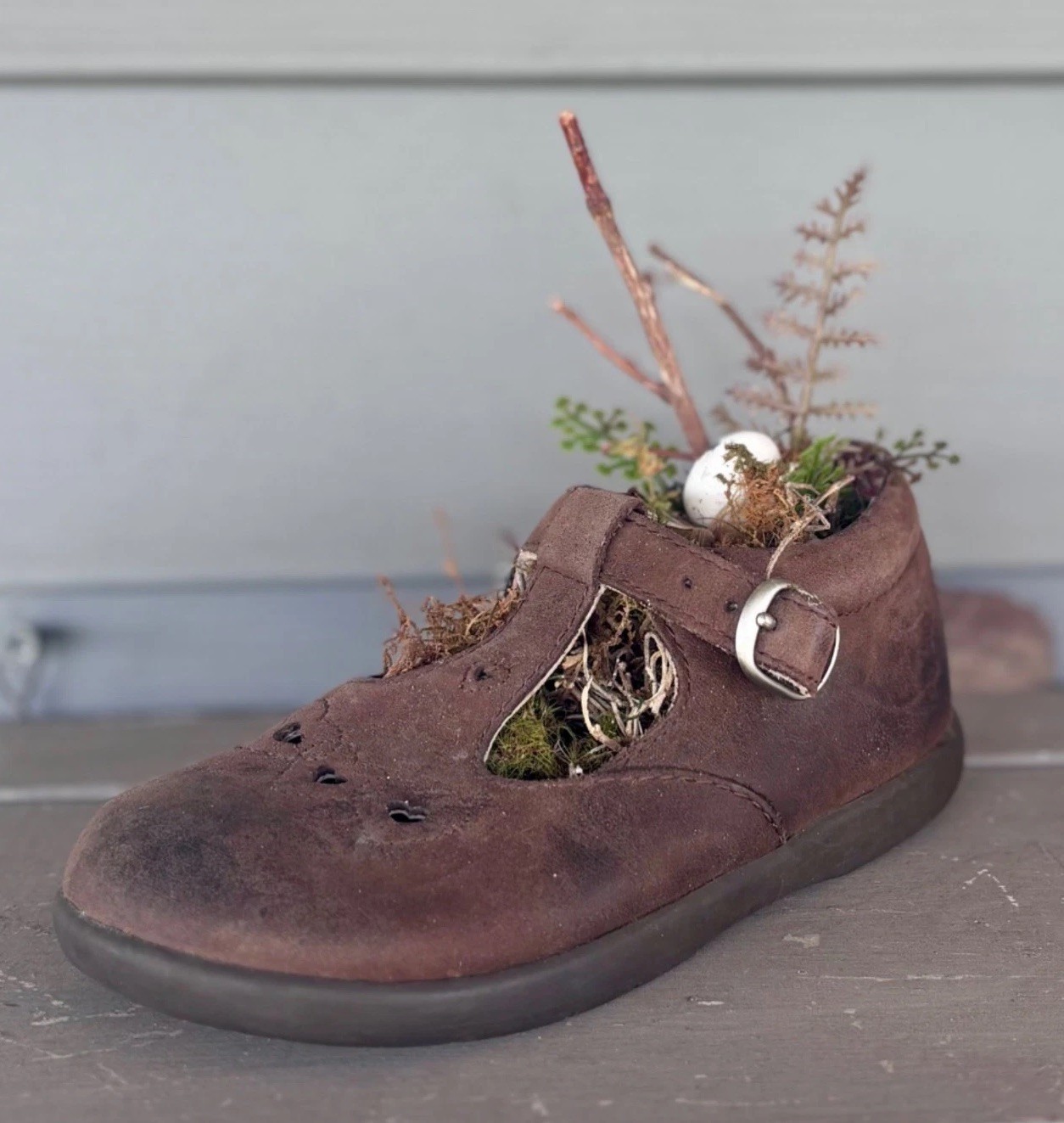 Child’s Shoe Assemblage with Secret Woodland Nest Whimsical Fairycore
