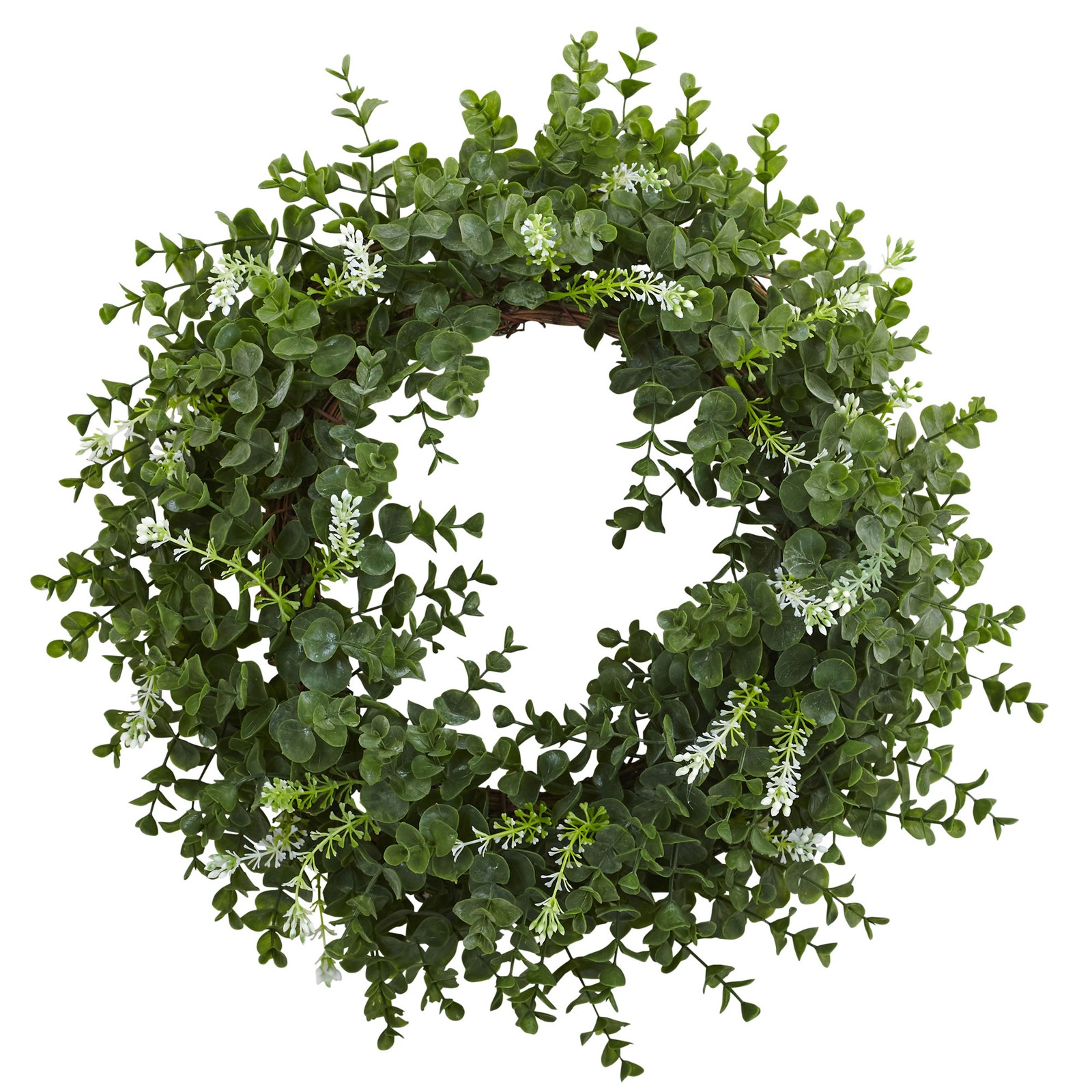 18 Inch Eucalyptus Double Ring Wreath with Twig Base Green Leaves White Flowers