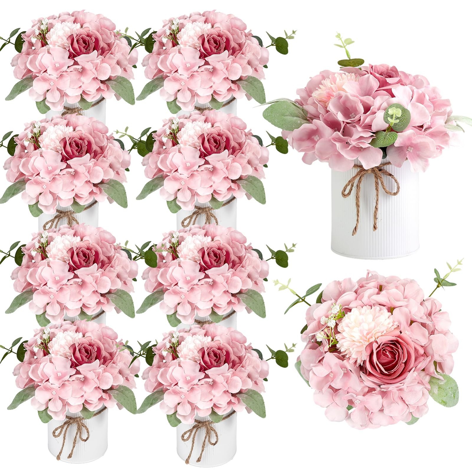 10PCS Faux Silk Hydrangea Flowers with Vase – Spring Wedding Table Centerpiece D