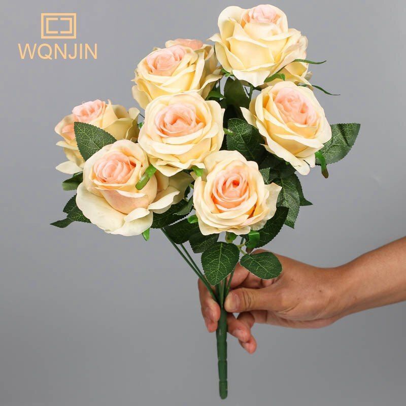 9 Artificial Rose Heads Big Bouquet Silk Flower Bunch – DIY Wedding Party Decor