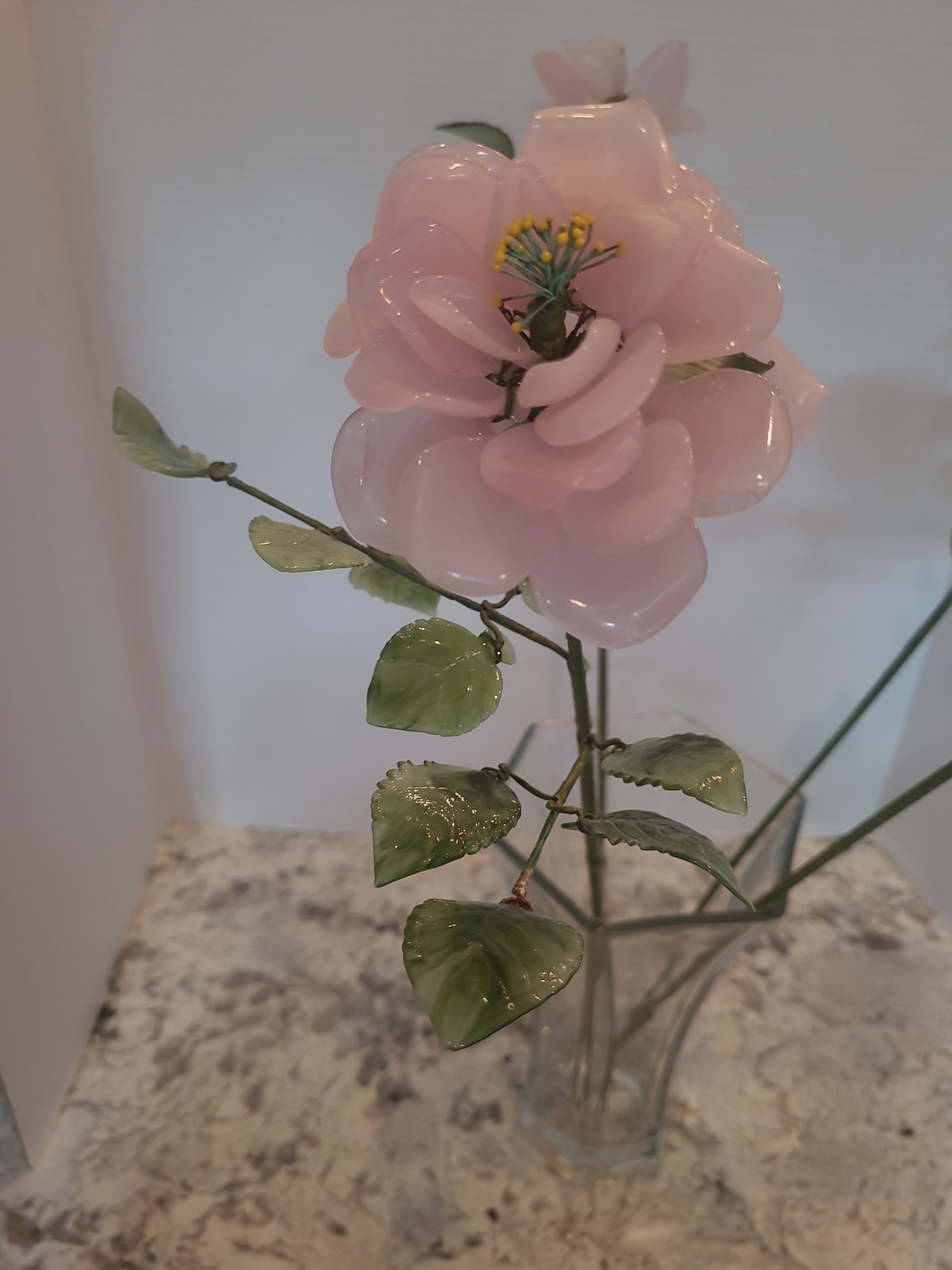 4-Vintage Porcelain Flowers With Plastic Stems Pink 25″ Long Stem