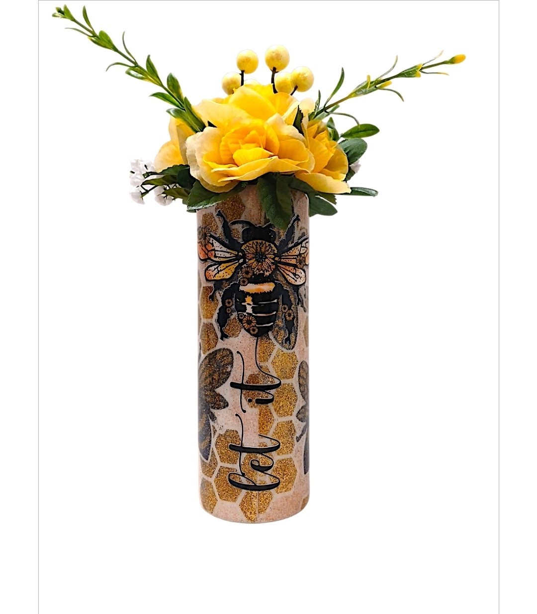 Bee Tumbler Large 20 oz w Yellow Roses Floral Arrangement Bouquet GIFT Birthday