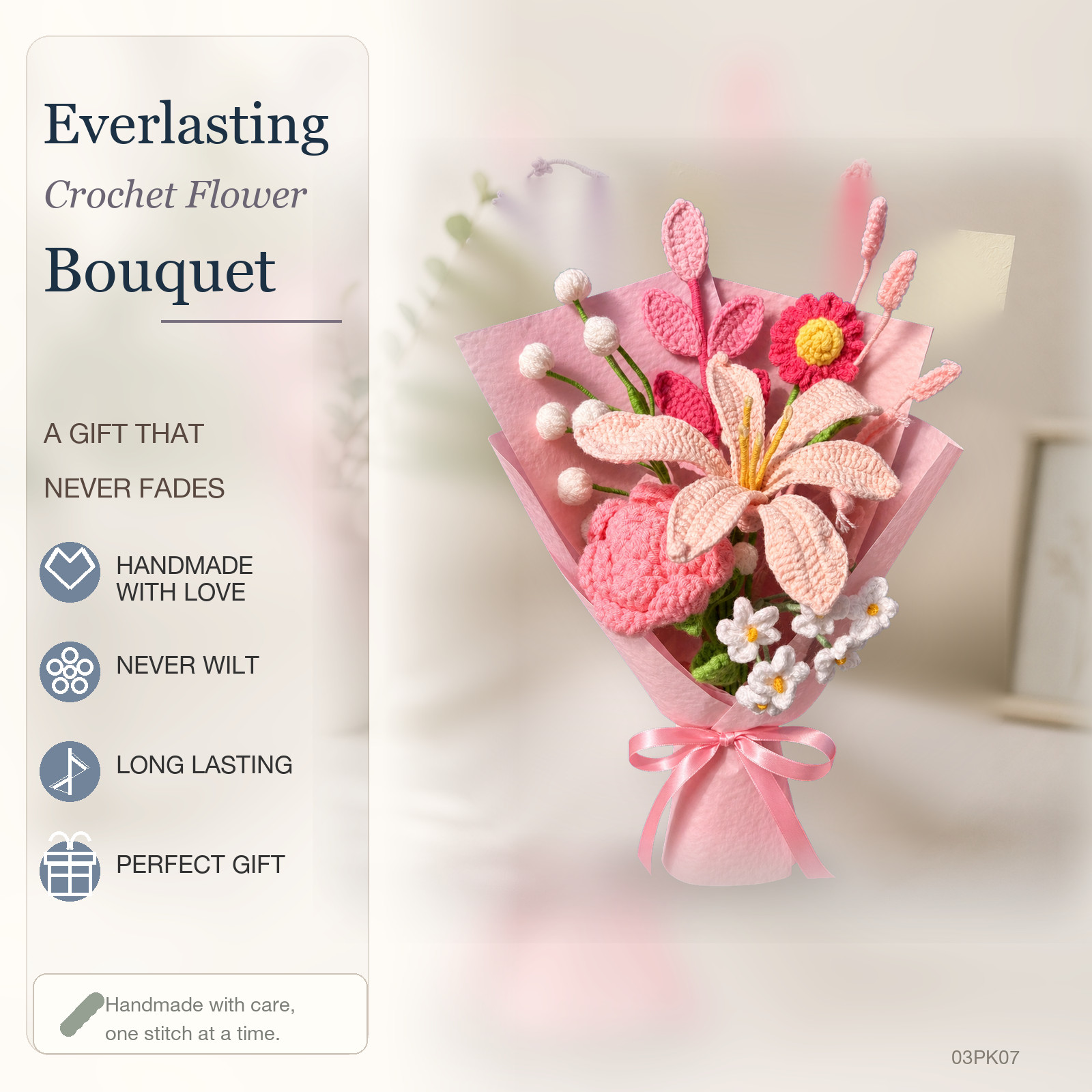 Crochet Pink Lily Daisy Bouquet Birthday Anniversary Gift for Her