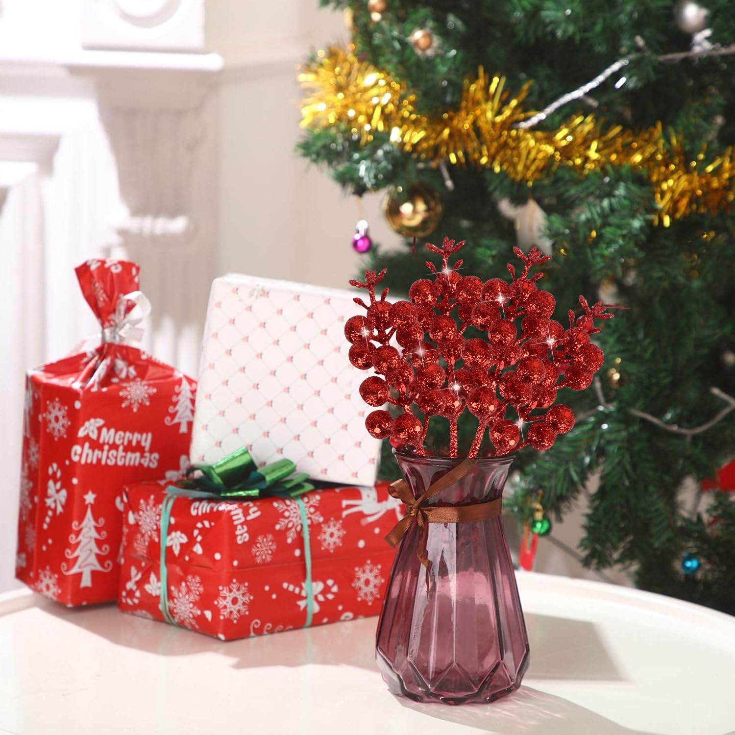 CCINEE 20pcs Glitter Christmas Red Berry Stems,7.8Inch Xmas Artificial Glitter B