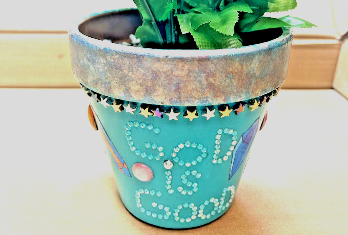 Flower pot “God is Good” blue/silver/ 1 of a kind handmade beautiful Flower pot