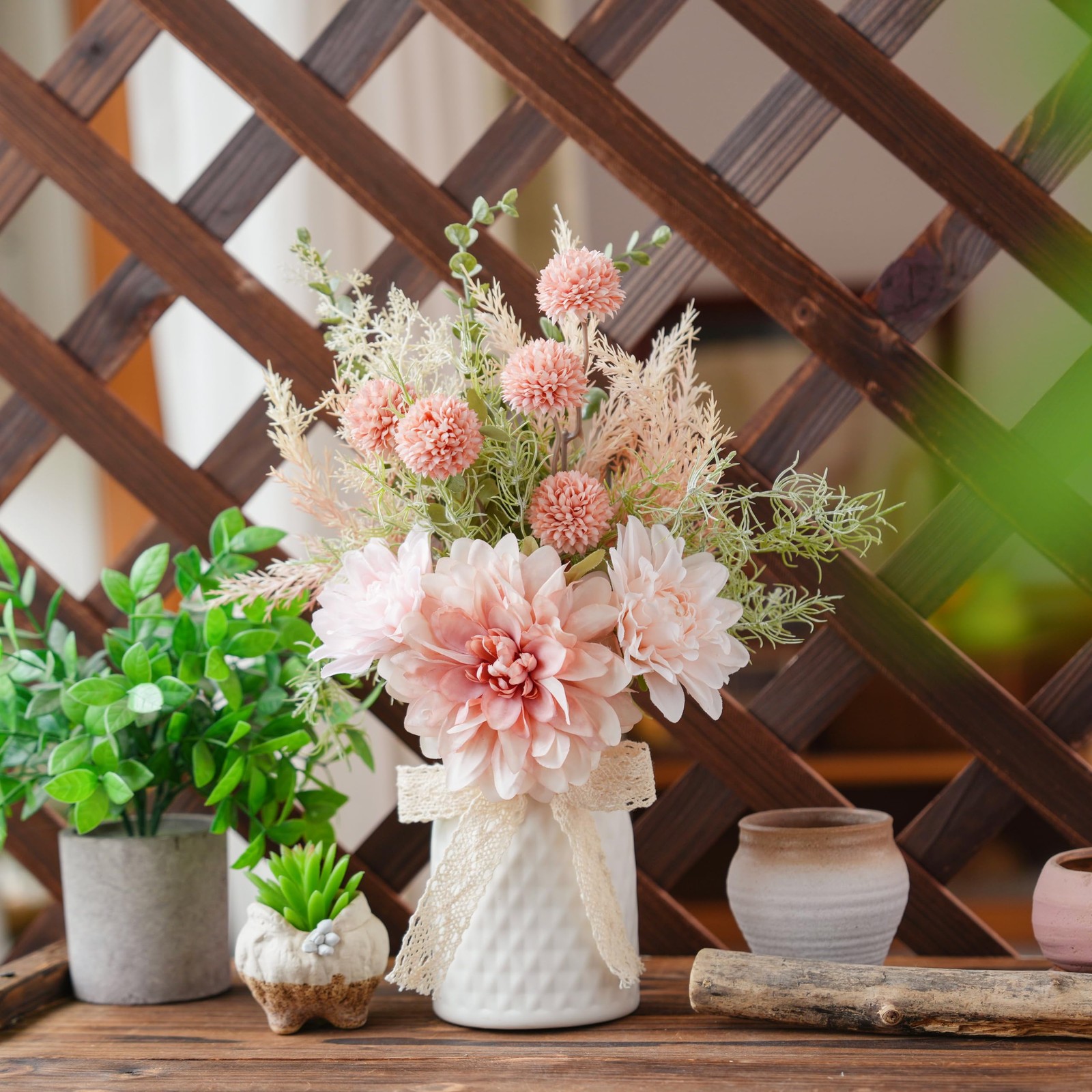 Artificial Flowers with Ceramic Vase Centerpieces – Spring Silk Pink Flower A…