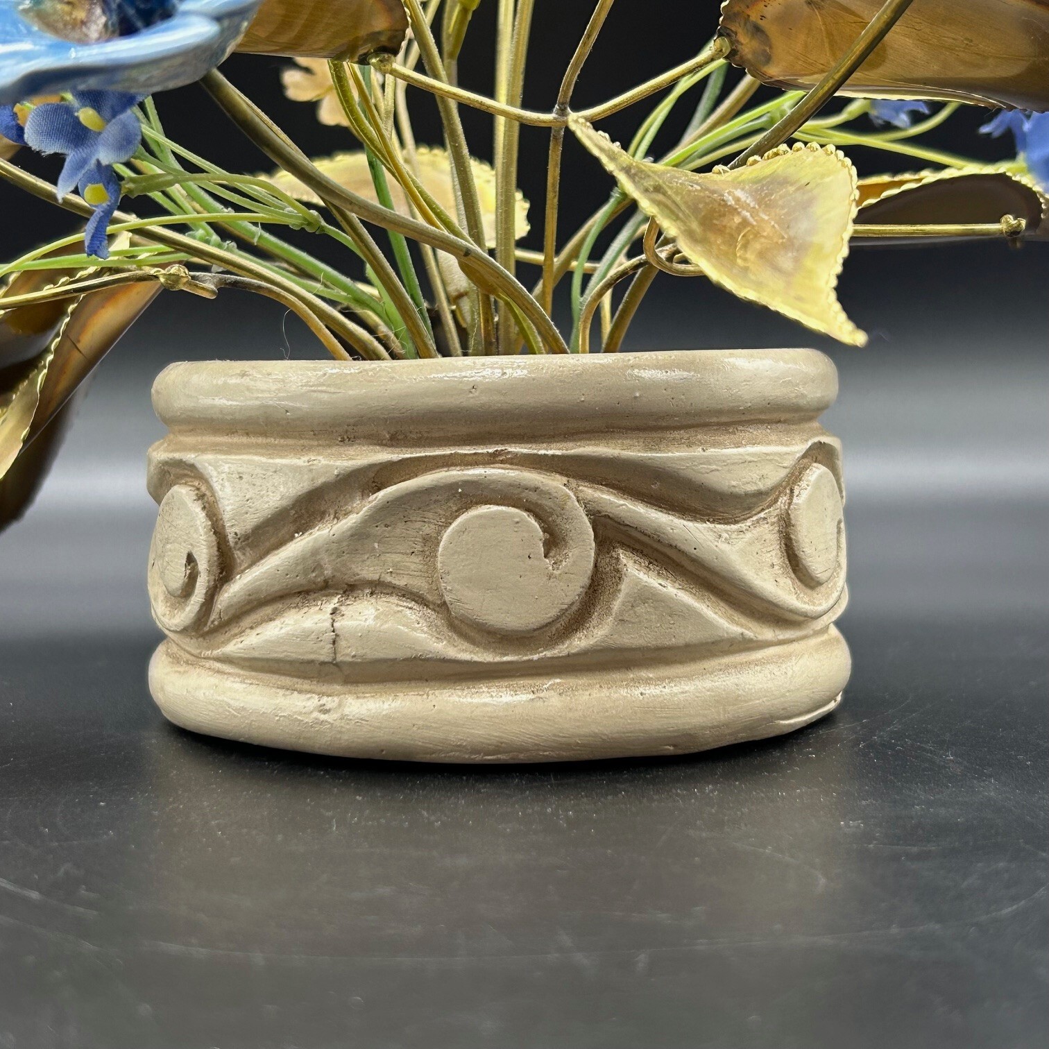 Mixed Media Flower Arrangement Ceramic & Faux Silk Flowers Metal Leaves in Pot