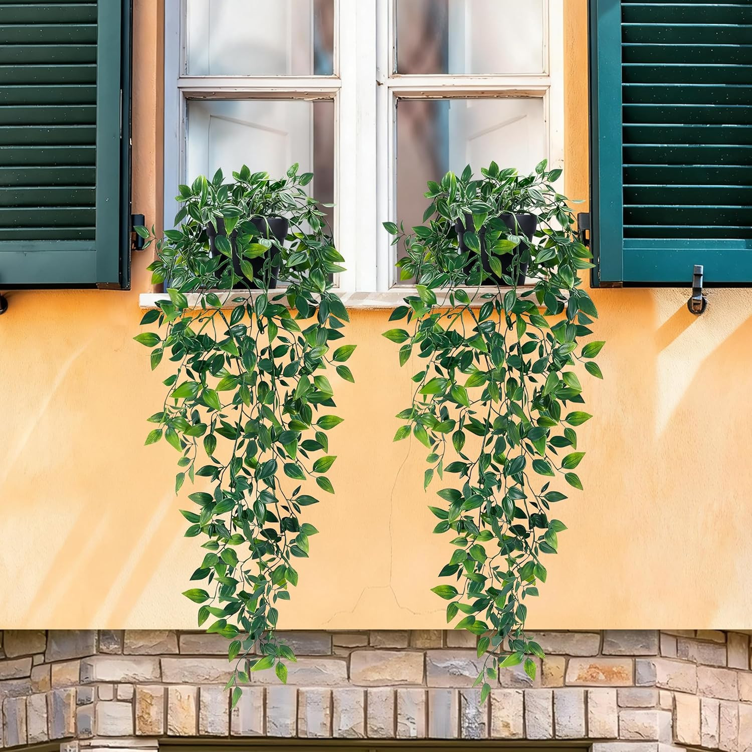 2Pcs Fake Hanging Plants with Pot Deep Green Eucalyptus Leaves UV Resistant Fake