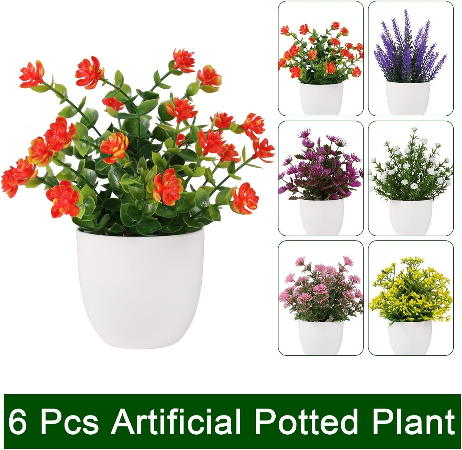 6 Pack Small Artificial Flower Potted Plants, Mini Faux Flowers in Pots | Colorf