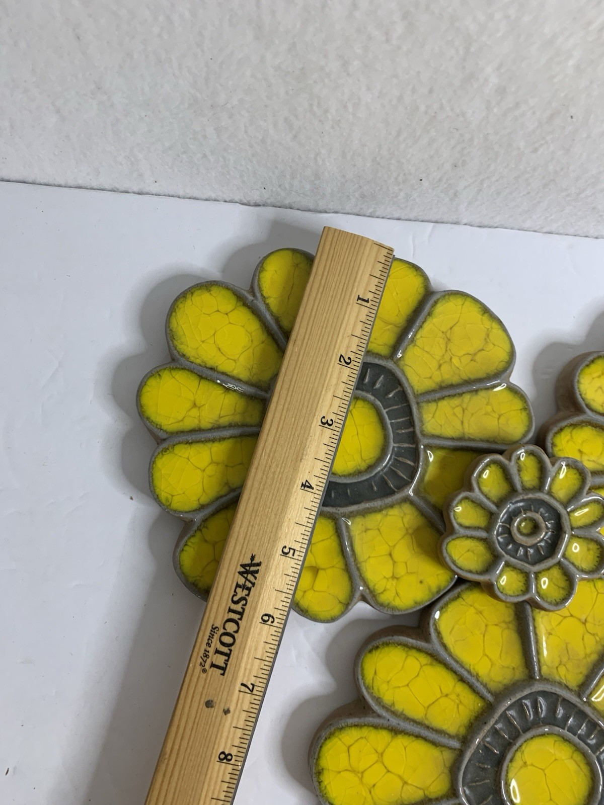 Pottery Decor Handcrafted Crackle Glazed Ceramic Folk Art Lot 4 Yellow Flowers