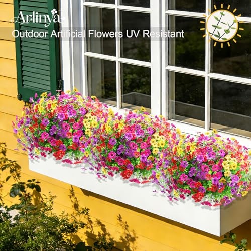 Artificial Flowers for Outdoors, Fake Faux Plants 12 Purple Red Yellow Hot Pink